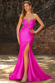 Mermaid Satin Fuchsia Ruched Spaghetti Straps Long Prom Dress with Slit