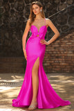 Mermaid Satin Fuchsia Ruched Spaghetti Straps Long Prom Dress with Slit