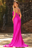 Mermaid Satin Fuchsia Ruched Spaghetti Straps Long Prom Dress with Slit