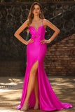 Mermaid Satin Fuchsia Ruched Spaghetti Straps Long Prom Dress with Slit