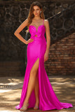 Mermaid Satin Fuchsia Ruched Spaghetti Straps Long Prom Dress with Slit