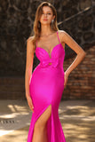 Mermaid Satin Fuchsia Ruched Spaghetti Straps Long Prom Dress with Slit