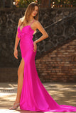 Mermaid Satin Fuchsia Ruched Spaghetti Straps Long Prom Dress with Slit