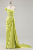 One Shoulder Green Ruched Satin Sheath Long Prom Dress with Slit