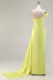 One Shoulder Green Ruched Satin Sheath Long Prom Dress with Slit