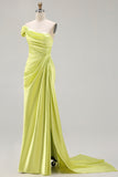 One Shoulder Green Ruched Satin Sheath Long Prom Dress with Slit