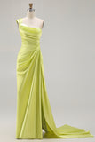 One Shoulder Green Ruched Satin Sheath Long Prom Dress with Slit