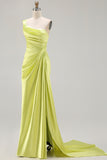 One Shoulder Green Ruched Satin Sheath Long Prom Dress with Slit