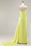 One Shoulder Green Ruched Satin Sheath Long Prom Dress with Slit