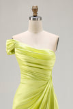 One Shoulder Green Ruched Satin Sheath Long Prom Dress with Slit