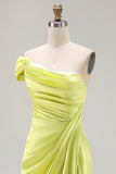 One Shoulder Green Ruched Satin Sheath Long Prom Dress with Slit
