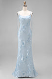 Blue Embroidery Mermaid Floral Spaghetti Straps Maxi Dress