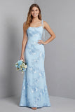 Blue Embroidery Mermaid Floral Spaghetti Straps Maxi Dress