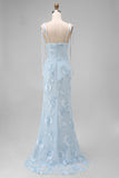 Blue Embroidery Mermaid Floral Spaghetti Straps Maxi Dress
