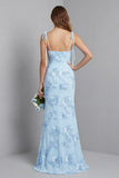 Blue Embroidery Mermaid Floral Spaghetti Straps Maxi Dress