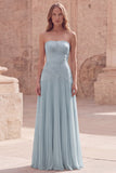 Yellow Strapless A Line Pleated Prom Dress with Appliques