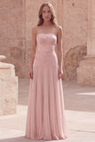 Yellow Strapless A Line Pleated Prom Dress with Appliques