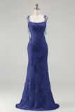 Blue Embroidery Mermaid Floral Spaghetti Straps Maxi Dress