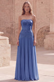 Yellow Strapless A Line Pleated Prom Dress with Appliques