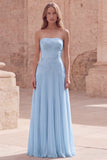 Yellow Strapless A Line Pleated Prom Dress with Appliques