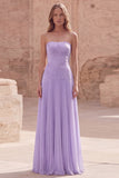 Yellow Strapless A Line Pleated Prom Dress with Appliques