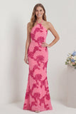 Hot Pink Halter Mermaid Appliqued Long Bridesmaid Dress