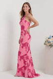 Hot Pink Halter Mermaid Appliqued Long Bridesmaid Dress