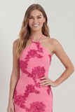Hot Pink Halter Mermaid Appliqued Long Bridesmaid Dress