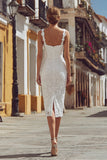 Lace Ivory Sheath Midi Engagement Dress with Slit