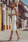 Lace Ivory Sheath Midi Engagement Dress with Slit