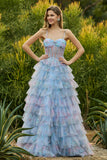 Blue Floral Corset Tiered Spaghetti Straps A Line Long Prom Dress With Ruffles