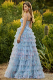 Blue Floral Corset Tiered Spaghetti Straps A Line Long Prom Dress With Ruffles
