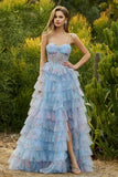 Blue Floral Corset Tiered Spaghetti Straps A Line Long Prom Dress With Ruffles