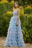 Blue Floral Corset Tiered Spaghetti Straps A Line Long Prom Dress With Ruffles