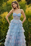 Blue Floral Corset Tiered Spaghetti Straps A Line Long Prom Dress With Ruffles