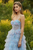Blue Floral Corset Tiered Spaghetti Straps A Line Long Prom Dress With Ruffles