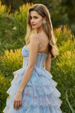 Blue Floral Corset Tiered Spaghetti Straps A Line Long Prom Dress With Ruffles