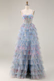 Blue Floral Corset Tiered Spaghetti Straps A Line Long Prom Dress With Ruffles