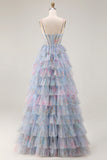 Blue Floral Corset Tiered Spaghetti Straps A Line Long Prom Dress With Ruffles