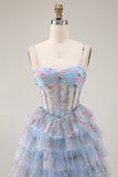 Tiered Blue Floral Spaghetti Straps Corset Prom Dress