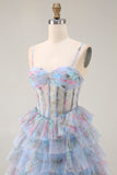 Tiered Blue Floral Spaghetti Straps Corset Prom Dress
