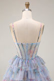 Tiered Blue Floral Spaghetti Straps Corset Prom Dress