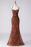 Mermaid Brown Corset Embroidered Halter Long Prom Dress