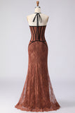 Mermaid Brown Corset Embroidered Halter Long Prom Dress