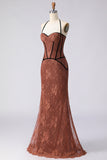 Mermaid Brown Corset Embroidered Halter Long Prom Dress
