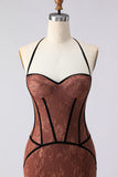 Mermaid Brown Corset Embroidered Halter Long Prom Dress