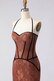 Mermaid Brown Corset Embroidered Halter Long Prom Dress