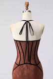 Mermaid Brown Corset Embroidered Halter Long Prom Dress