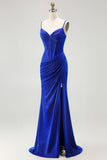 Royal Blue Spaghetti Straps Mermaid Corset Prom Dress