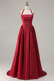 Halter A Line Burgundy Satin Beaded Prom Dress